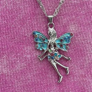 Silver Tone Adorable Pastel Fairy With Gemstones  Necklace For Teen Or  Girl